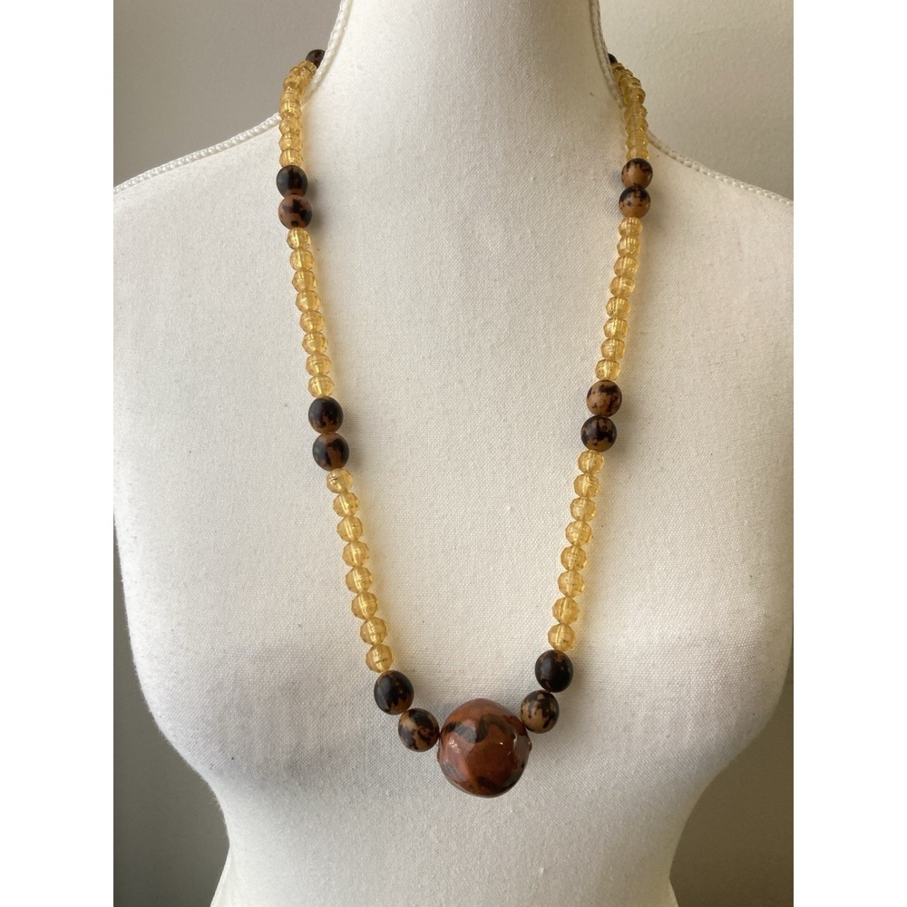 Vintage Acrylic Beaded Necklace Earthy Browns Yellow Faceted Faux Tortoise Long
